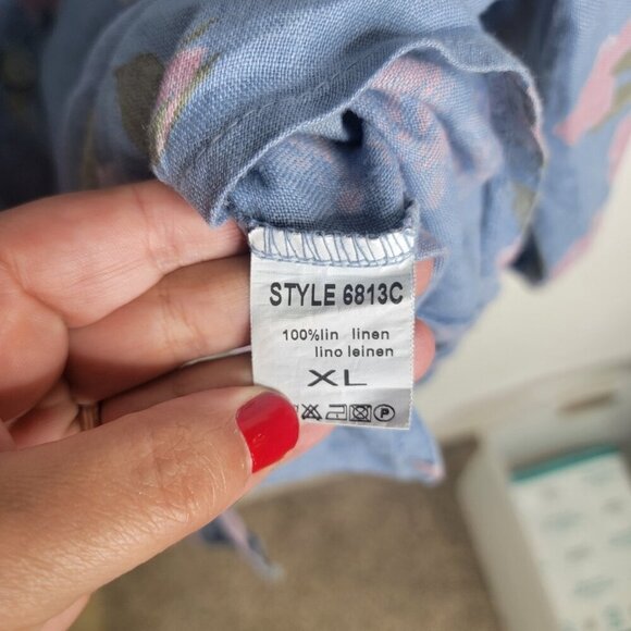 Tempo Paris Floral Linen Button Down Top  XL Summer Beachy Lagenlook Artsy - Picture 4 of 6